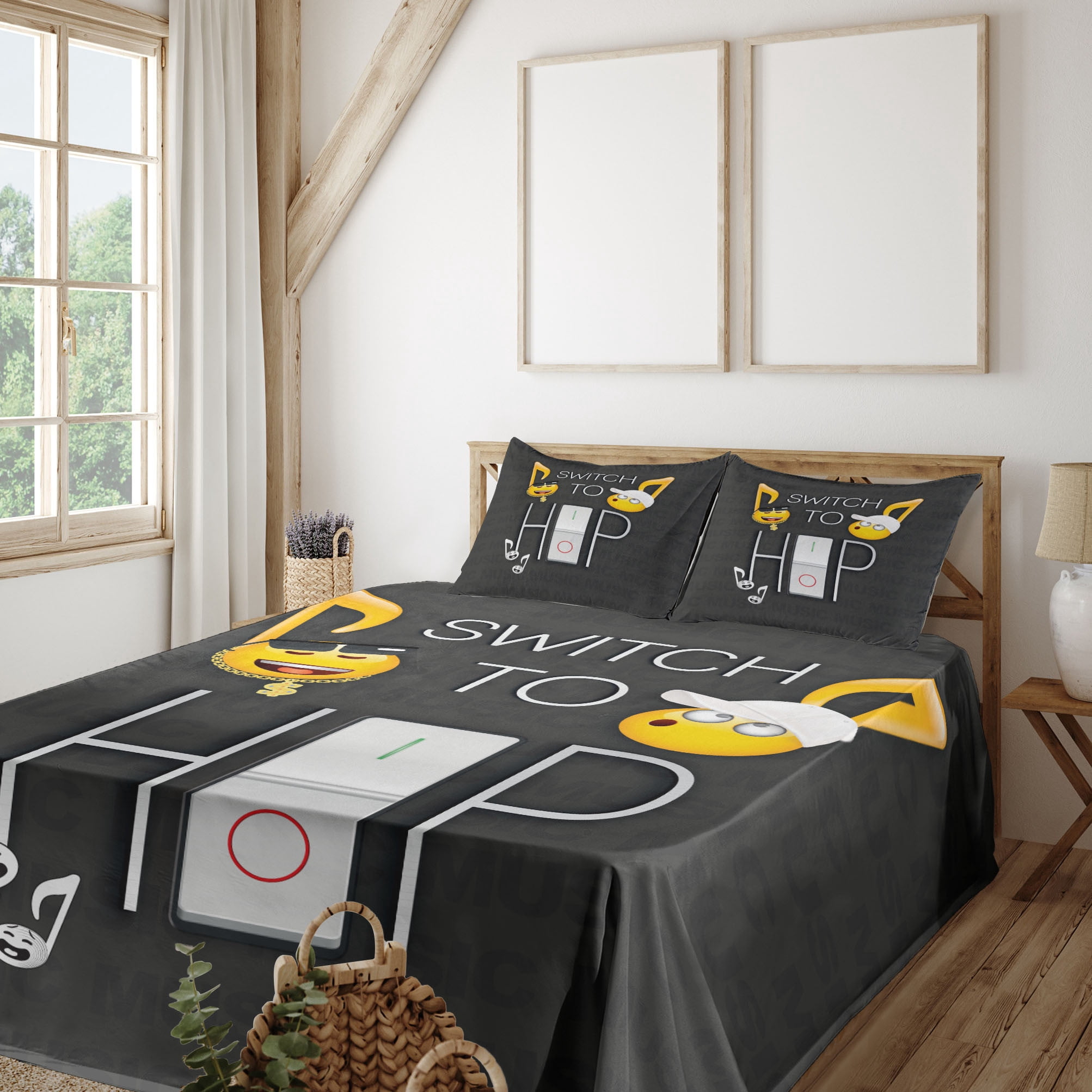 Sham Tg Rapper Ambesonne Hiphop Emoji Fitted & Top Sheet Set with Shams, Fun Rapper ...
