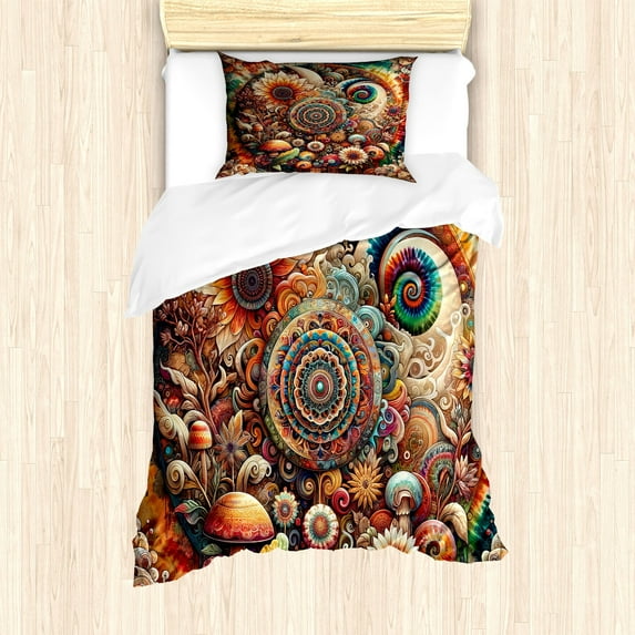 Ambesonne Hippie Duvet Cover Set, Psychedelic Floral Huddle, Twin, Vermilion Teal Beige