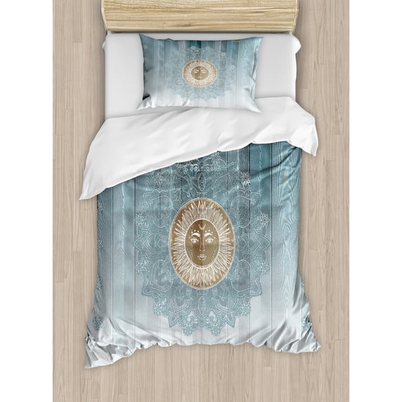 Ambesonne Hippie Duvet Cover Set, Totems Bohemian Sun Cats, Twin, Pale Grey and Teal