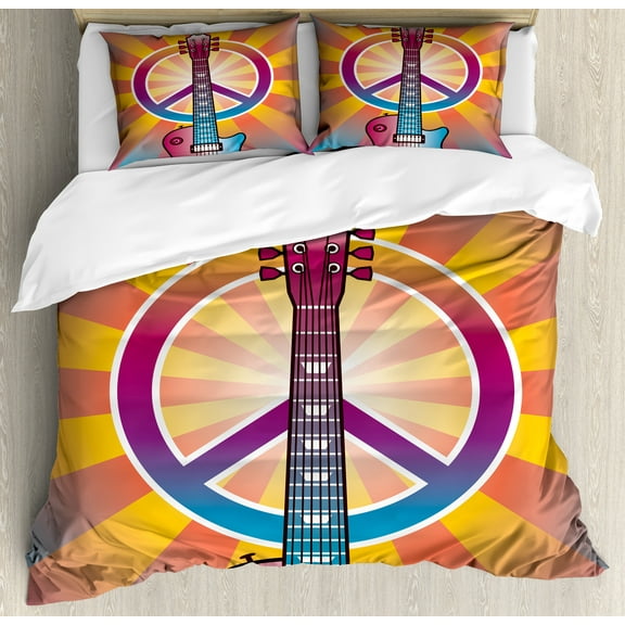 Ambesonne Hippie Duvet Cover Sets, Guitar Peace, 2-Queen, Multicolor