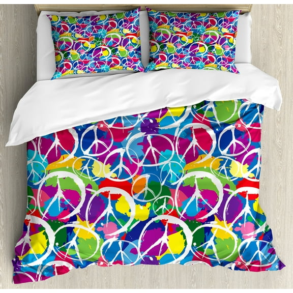 Ambesonne Hippie Duvet Cover Sets, Peace Activism Theme, 2-Queen, Multicolor