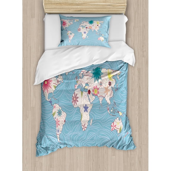 Ambesonne Hippie Duvet Cover Sets, World Continents, 2-Twin, Pale Blue White