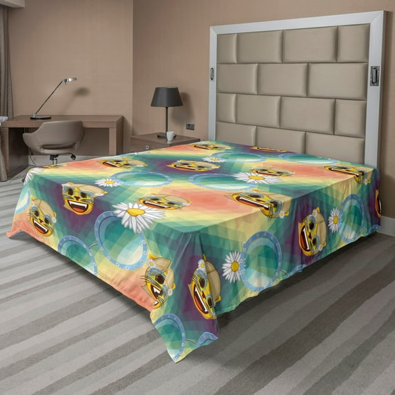 Ambesonne Hippie Emoji Flat Sheet, Retro Fractals Kitty, Queen Size, Multicolor Mustard and White