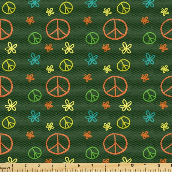 Ambesonne Hippie Fabric by the Yard Upholstery, Pastel Colored Piece Symbols, 3 Yards, Dark Green Burnt Orange