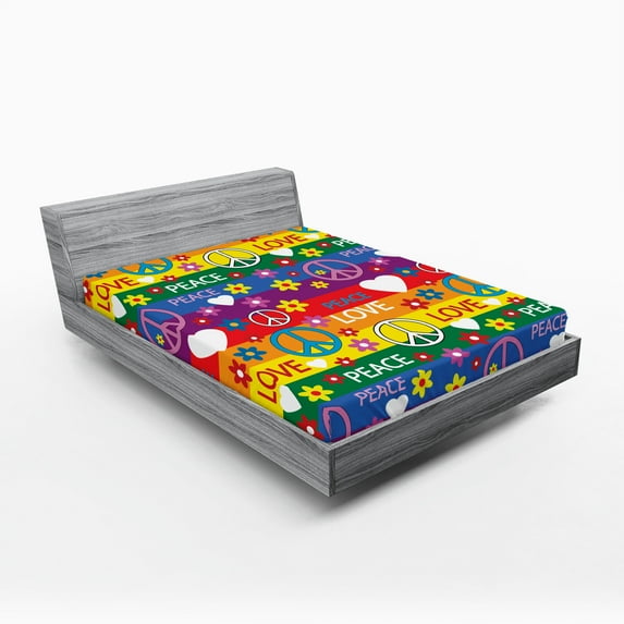 Ambesonne Hippie Fitted Sheet 2 Pcs Set, Heart Peace, Full, Multicolor