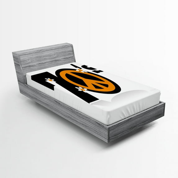 Ambesonne Hippie Fitted Sheet, 70's Peace Daisies, Twin Size, Black Marigold White