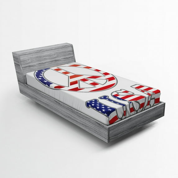 Ambesonne Hippie Fitted Sheet, 70s Peace Sign American, Twin Size, Violet Blue White