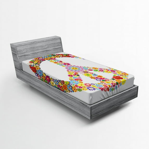 Ambesonne Hippie Fitted Sheet, Floral Peace, Twin XL Size, Multicolor