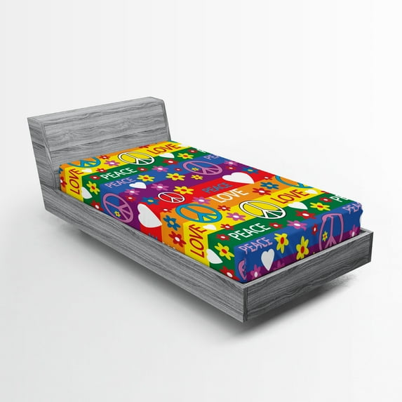 Ambesonne Hippie Fitted Sheet, Heart Peace, Twin Size, Multicolor