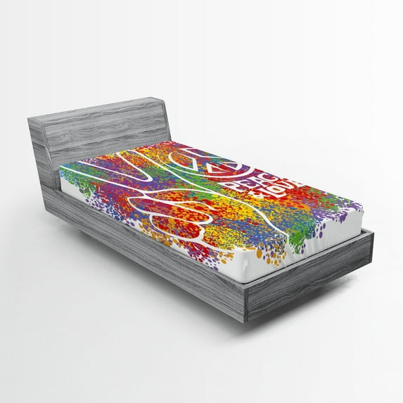 Ambesonne Hippie Fitted Sheet, Peace Love Pacifism, Twin XL Size, Multicolor