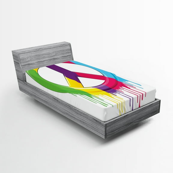 Ambesonne Hippie Fitted Sheet, Peace Themed, Twin Size, Multicolor