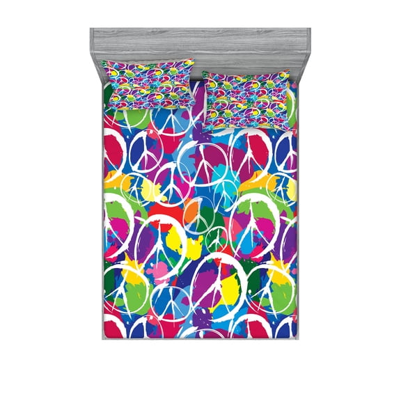 Ambesonne Hippie Fitted Sheet & Pillow Sham Set, Peace Activism Theme, Calking, Multicolor