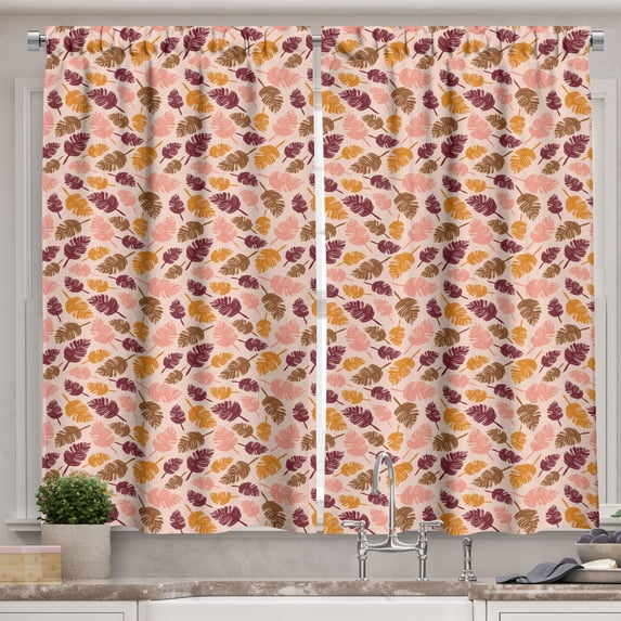 Ambesonne Hippie Kitchen Curtains, Colorful Feathers Silhouette, 55"x30", Pale Maroon and Dark Yellow
