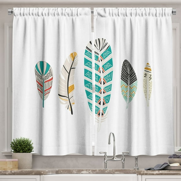 Ambesonne Hippie Kitchen Curtains, Feathers With Ornaments Art, 55"x45", Dark Seafoam and Pale Orange