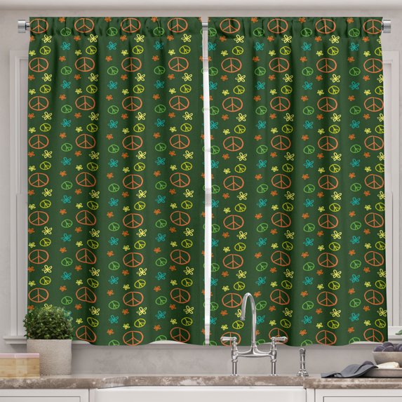 Ambesonne Hippie Kitchen Curtains, Pastel Colored Piece Symbols, 55"x45", Dark Green Burnt Orange