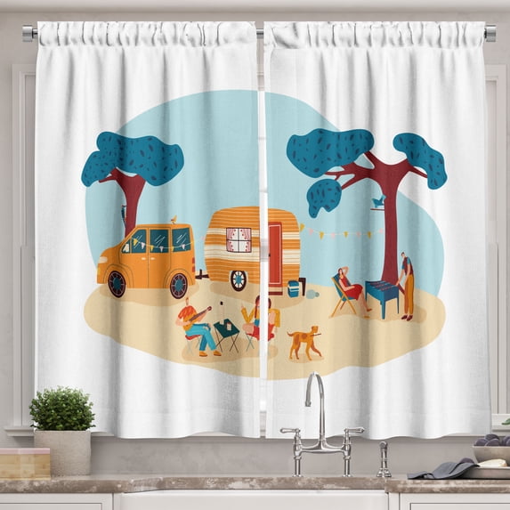 Ambesonne Hippie Kitchen Curtains, People at Picnic Drawing, 55"x24", Sea Blue Marigold and Orange