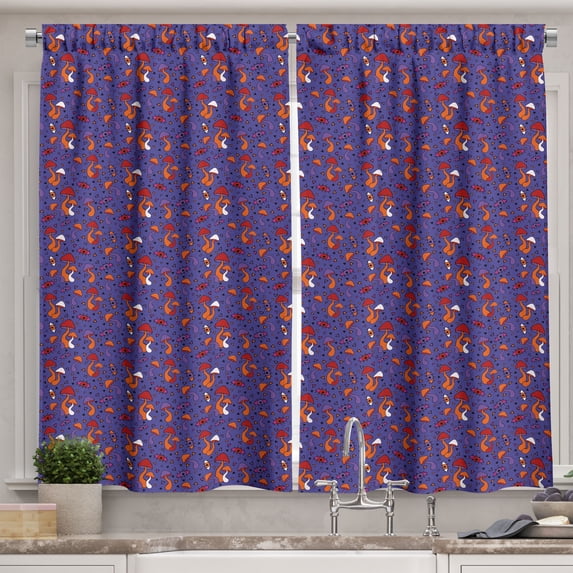 Ambesonne Hippie Kitchen Curtains, Psychedelic Eyes Mushrooms, 55"x45", Dark Violet Burnt Orange