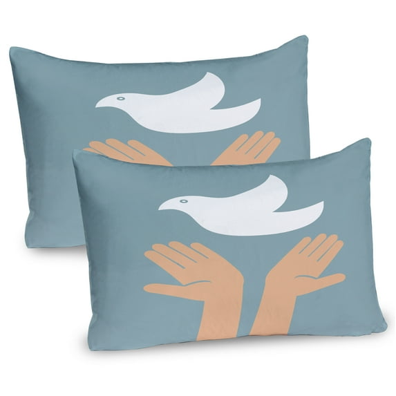 Ambesonne Hippie Pillow Sham 2 Pack, Peace Dove Flying Hands, 30"x20", Slate Blue White and Tan