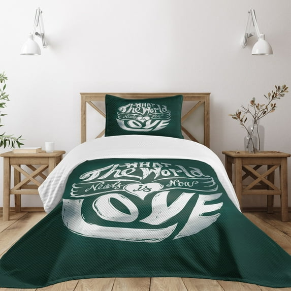 Ambesonne Hippie Quilted Bedspread Set 2 Pcs, Grunge Art Words Circle, Twin Size, Dark Green White