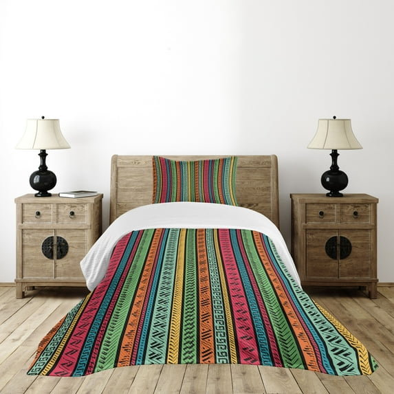 Ambesonne Hippie Quilted Bedspread Set 2 Pcs, Native Borders, Twin Size, Multicolor