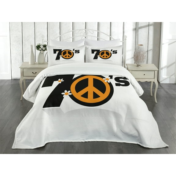 Ambesonne Hippie Quilted Bedspread Set 3 Pcs, 70's Peace Daisies, King Size, Black Marigold White