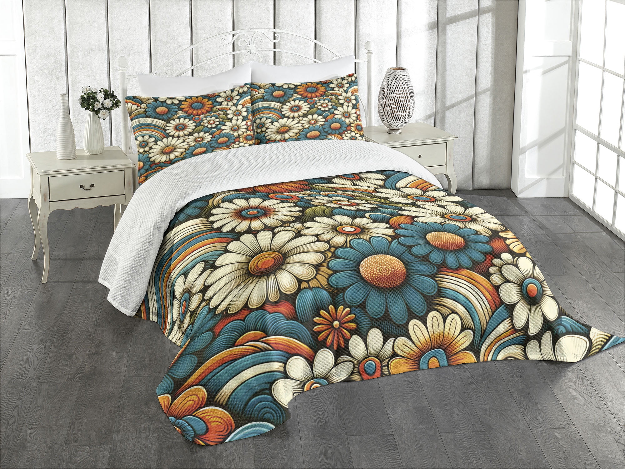 Hippie Floral Queen Bedspread Set in Orange Teal Ivory