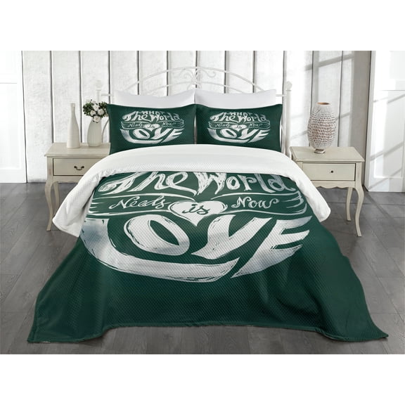 Ambesonne Hippie Quilted Bedspread Set 3 Pcs, Grunge Art Words Circle, Queen Size, Dark Green White