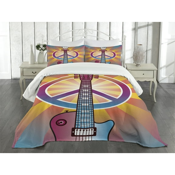 Ambesonne Hippie Quilted Bedspread Set 3 Pcs, Guitar Peace, King Size, Multicolor