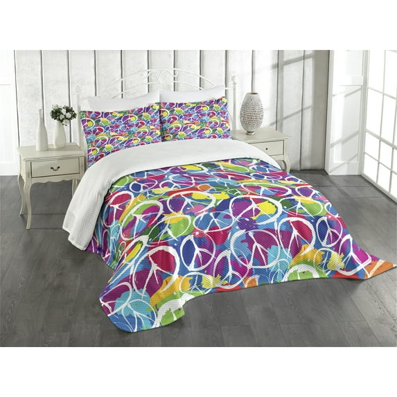 Ambesonne Hippie Quilted Bedspread Set 3 Pcs, Peace Activism Theme, King Size, Multicolor