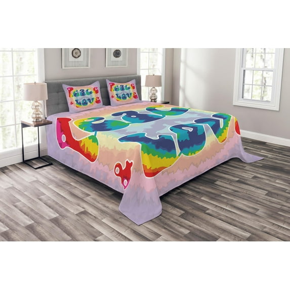 Ambesonne Hippie Quilted Bedspread Set 3 Pcs, Peace Love Tie Dye Effect, King Size, Multicolor