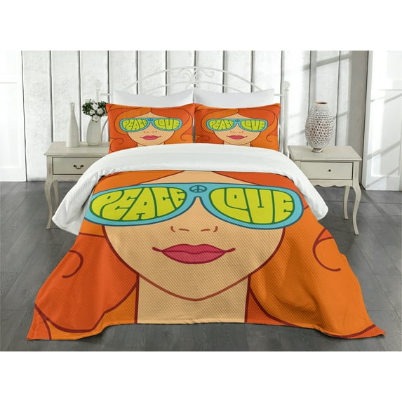 Ambesonne Hippie Quilted Bedspread Set 3 Pcs, Red Hair Girl Love Peace, King Size, Multicolor