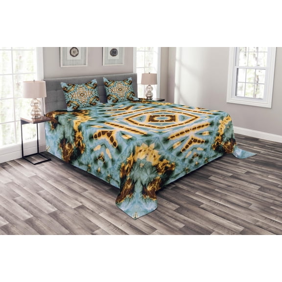 Ambesonne Hippie Quilted Bedspread Set 3 Pcs, Tie Dye Grunge, King Size, Yellow and Blue