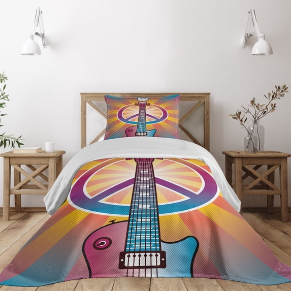 Ambesonne Hippie Quilted Coverlet 2 Pcs, Guitar Peace, Twin Size, Multicolor