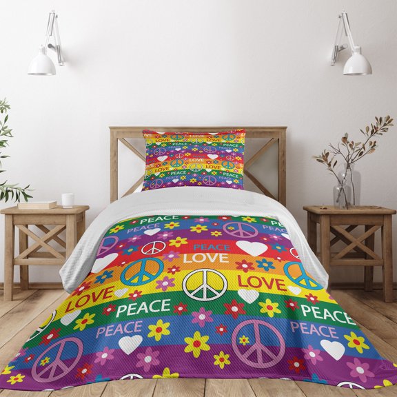 Ambesonne Hippie Quilted Coverlet 2 Pcs, Heart Peace, Twin Size, Multicolor