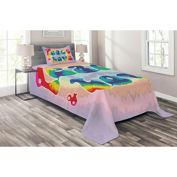 Ambesonne Hippie Quilted Coverlet 2 Pcs, Peace Love Tie Dye Effect, Twin Size, Multicolor