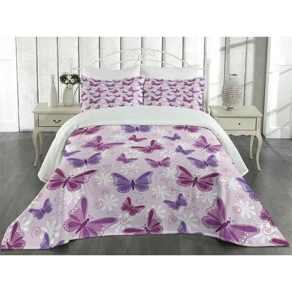 Ambesonne Hippie Quilted Coverlet 3 Pcs, Butterflies Colors, King Size, Pink Purple
