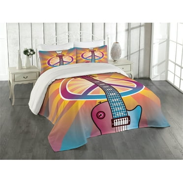 Ambesonne Hippie Quilted Coverlet 3 Pcs, Guitar Peace, Queen Size, Multicolor