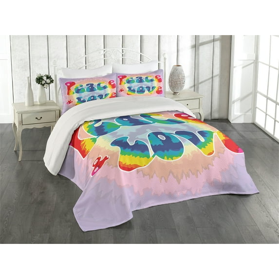 Ambesonne Hippie Quilted Coverlet 3 Pcs, Peace Love Tie Dye Effect, Queen Size, Multicolor