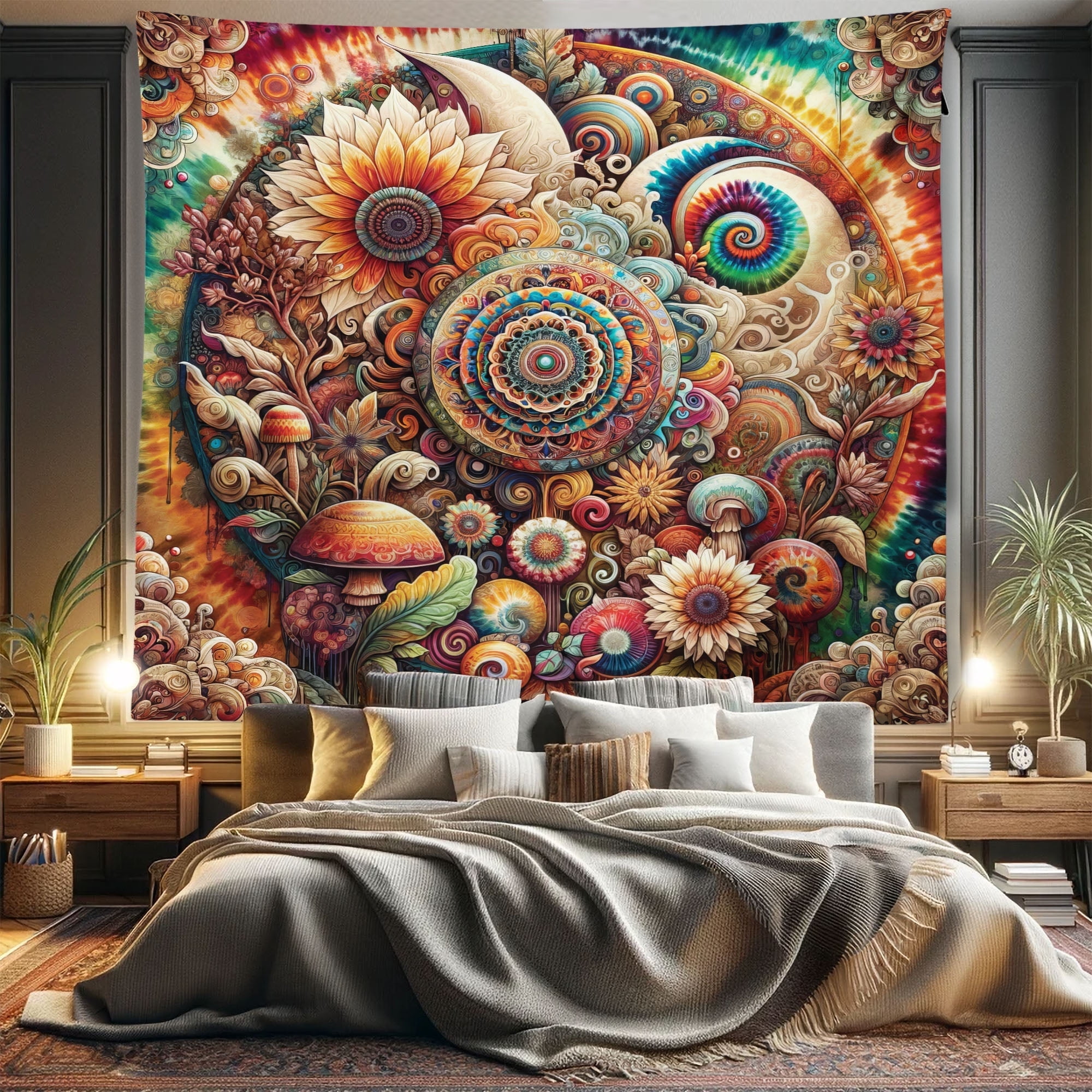 Ambesonne Hippie Tapestry King Size Psychedelic Floral Huddle 104 x88