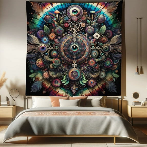 Ambesonne Hippie Tapestry Queen Size, Modern Trippy Design Peacock, 88"x88", Seafoam Multicolor
