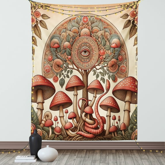 Ambesonne Hippie Tapestry Wall Hanging, Psychedelic Leaves Eye Art, 60"x80", Dark Pink Reseda Green