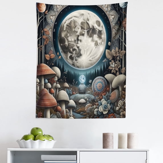 Ambesonne Hippie Wall Hanging Tapestry, Moonlit Fantasy Woods Scene, 23"x28", Ivory Dark Salmon Grey