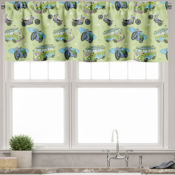 Ambesonne Hippie Window Valance, Motorbikes and Retro Buses, 54" X 18", Pale Green Multicolor
