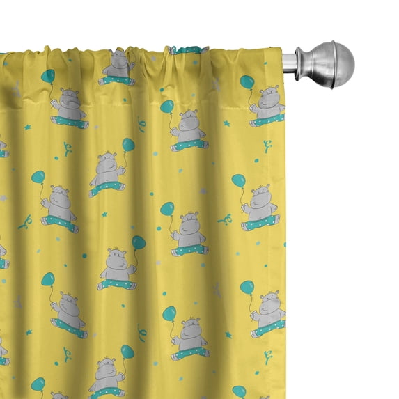 Ambesonne Hippo Window Curtains, Little Smiling Hippo, Each 28" W x 95" L, Pale Sage Green Teal