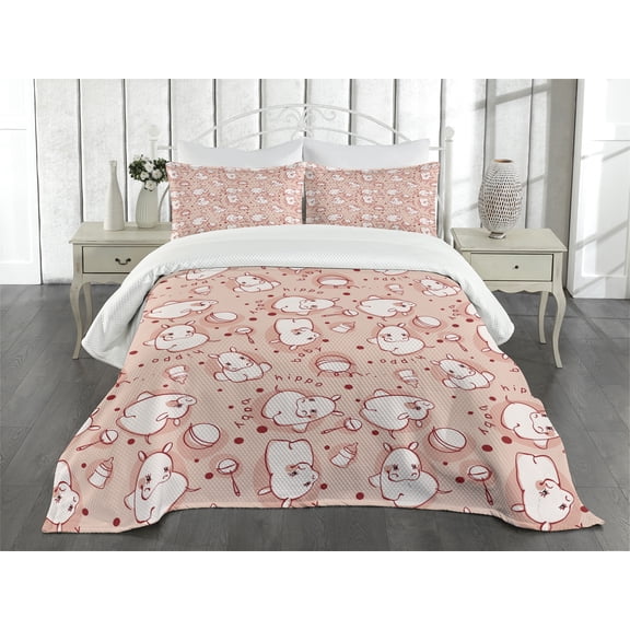 Ambesonne Hippo Quilted Bedspread Set 3 Pcs, Hippo Pattern, King Size, White Coral Red
