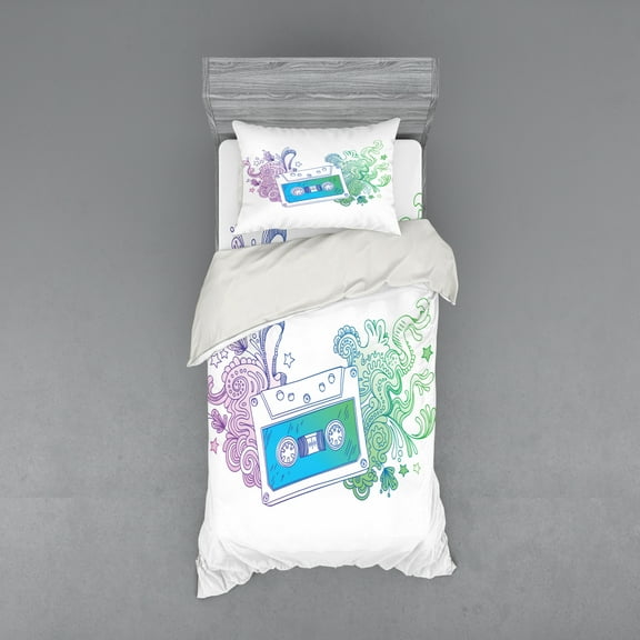 Ambesonne Hipster Bedding Set 3 Pcs, Audio Cassette Tape, Twin, Blue Mint Purple