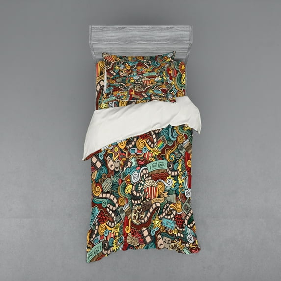 Ambesonne Hipster Bedding Set 3 Pcs, Cinema Items Popcorn, Twin, Multicolor