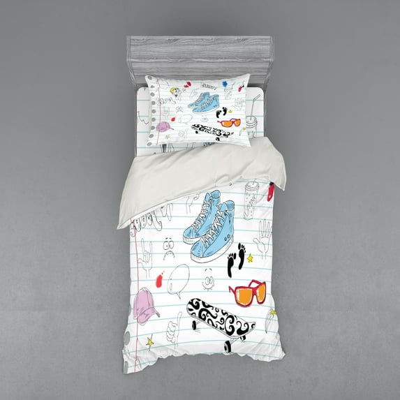 Ambesonne Hipster Bedding Set 3 Pcs, Drawings on a Notebook, Twin, Black Pale Blue Ginger