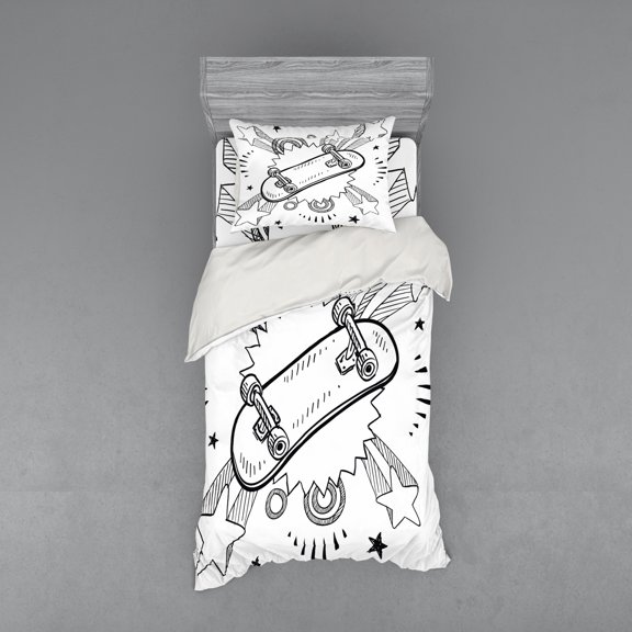 Ambesonne Hipster Bedding Set 3 Pcs, Skateboard Pop Art Style, Twin, Black White