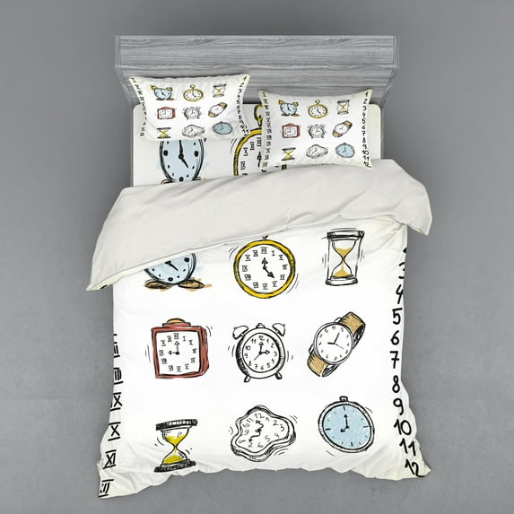 Ambesonne Hipster Bedding Set 4 Pcs, Hand Drawn Vintage Clock, Queen, White and Black
